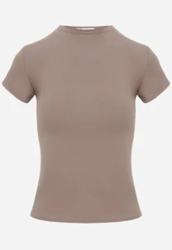 Beżowy Minimalistyczny T-shirt z Wiskozy ze Stójką Osessa