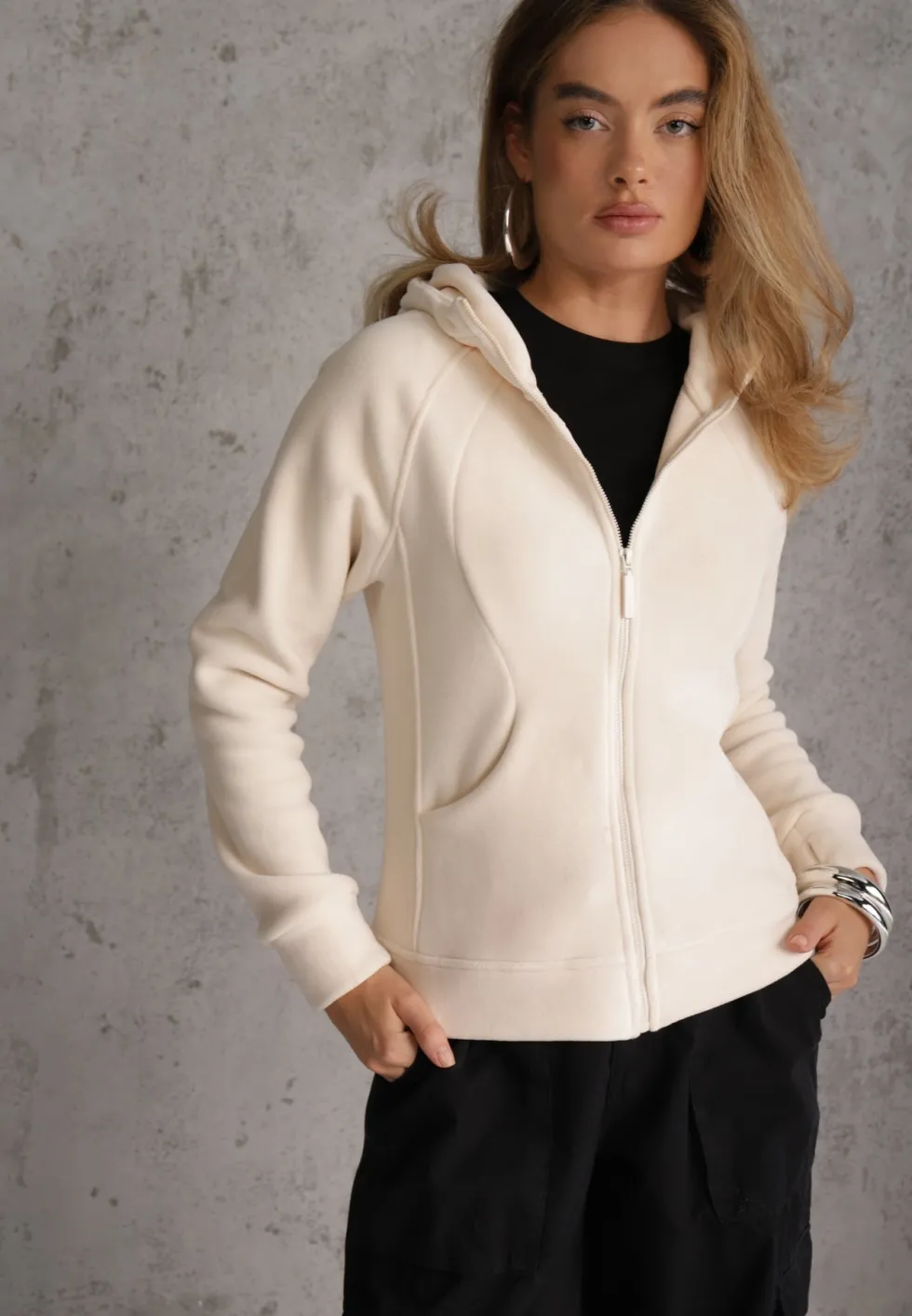 Beżowy Polar Bluza z Kapturem w Stylu Sportowym Aproxia