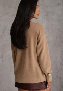 Beżowy Sweter Oversize z Bawełną i Wełną Typu Basic Oseani