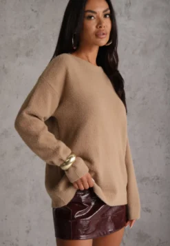 Beżowy Sweter Oversize z Bawełną i Wełną Typu Basic Oseani