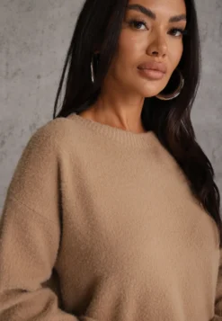 Beżowy Sweter Oversize z Bawełną i Wełną Typu Basic Oseani