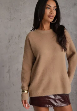 Beżowy Sweter Oversize z Bawełną i Wełną Typu Basic Oseani