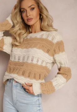 Beżowy Sweter Ozdobiony Ażurowymi Wycięciami i Połyskującą Nitką Casiena