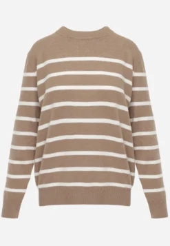 Beżowy Sweter z Bawełną w Poziome Paski ze Ściągaczami Trisa