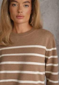 Beżowy Sweter z Bawełną w Poziome Paski ze Ściągaczami Trisa