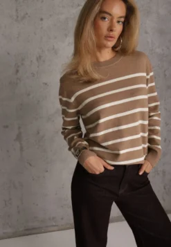 Beżowy Sweter z Bawełną w Poziome Paski ze Ściągaczami Trisa