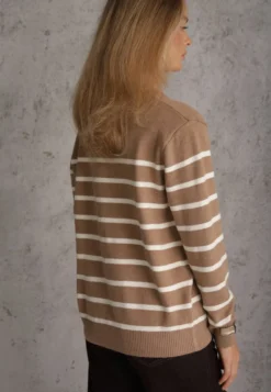 Beżowy Sweter z Bawełną w Poziome Paski ze Ściągaczami Trisa