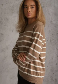 Beżowy Sweter z Bawełną w Poziome Paski ze Ściągaczami Trisa