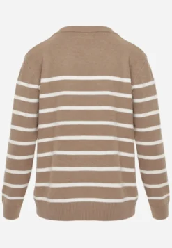 Beżowy Sweter z Bawełną w Poziome Paski ze Ściągaczami Trisa