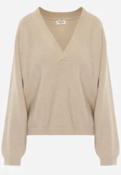 Beżowy Sweter ze Szpiczastym Dekoltem Labra