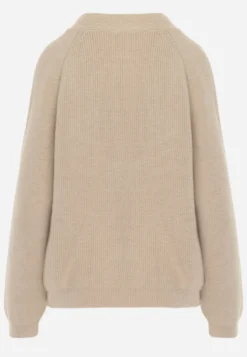 Beżowy Sweter ze Szpiczastym Dekoltem Labra