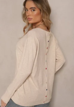 Beżowy Sweter z Kaszmirem Ozdobiony Kieszeniami Saniswena