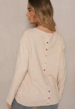 Beżowy Sweter z Kaszmirem Ozdobiony Kieszeniami Saniswena