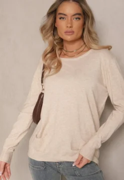 Beżowy Sweter z Kaszmirem Ozdobiony Kieszeniami Saniswena