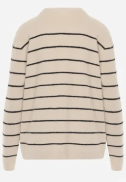 Beżowy Sweter z Wełną i Bawełną o Klasycznym Kroju w Drobne Prążki Rosal