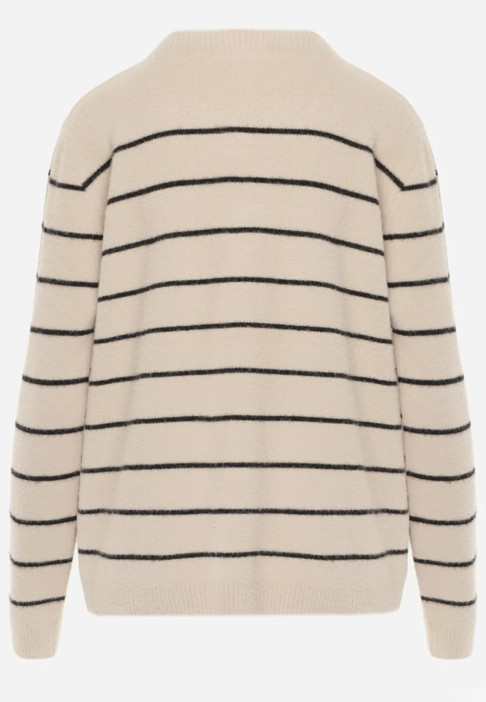 Beżowy Sweter z Wełną i Bawełną o Klasycznym Kroju w Drobne Prążki Rosal