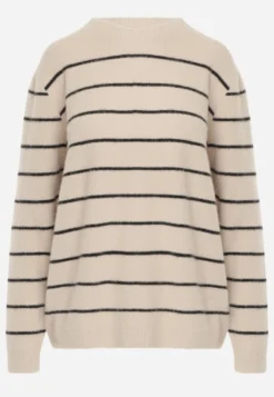 Beżowy Sweter z Wełną i Bawełną o Klasycznym Kroju w Drobne Prążki Rosal