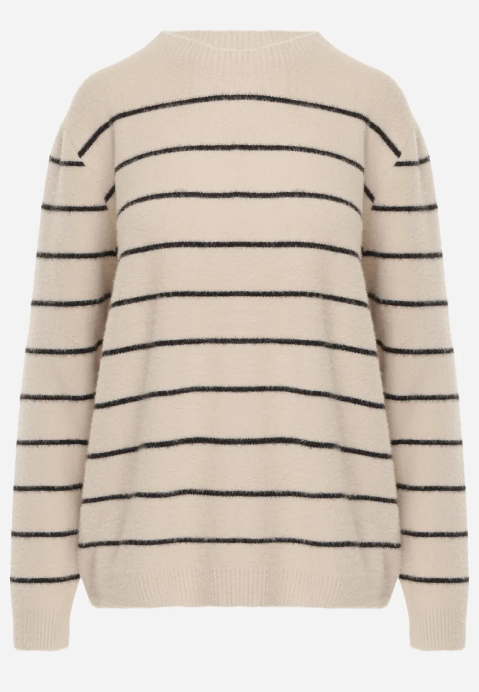 Beżowy Sweter z Wełną i Bawełną o Klasycznym Kroju w Drobne Prążki Rosal