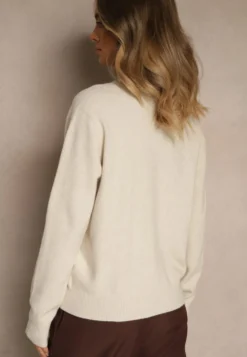 Beżowy Sweter z Wełną i Wiskozą z Trójkątnym Dekoltem Kaitte