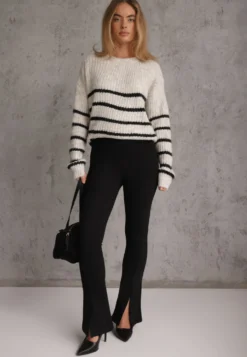 Beżowy Sweter z Wełną Oversize na Zimę w Poziome Paski Ulianna