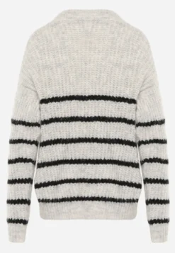 Beżowy Sweter z Wełną Oversize na Zimę w Poziome Paski Ulianna