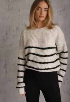 Beżowy Sweter z Wełną Oversize na Zimę w Poziome Paski Ulianna