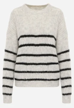 Beżowy Sweter z Wełną Oversize na Zimę w Poziome Paski Ulianna