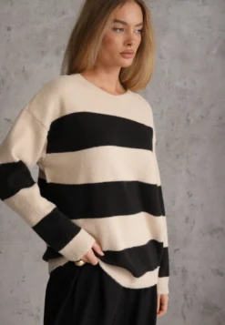 Beżowy Sweter z Wełną w Szerokie Paski Gordaina