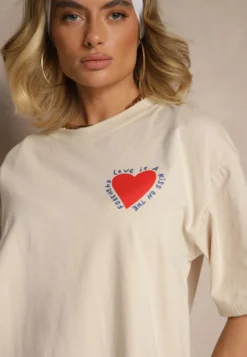 Beżowy T-shirt z Bawełny Ozdobiony Sercem Ranira