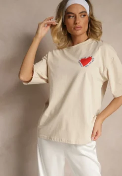 Beżowy T-shirt z Bawełny Ozdobiony Sercem Ranira