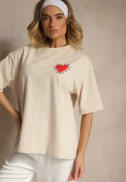 Beżowy T-shirt z Bawełny Ozdobiony Sercem Ranira