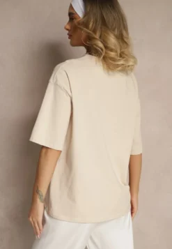 Beżowy T-shirt z Bawełny Ozdobiony Sercem Ranira