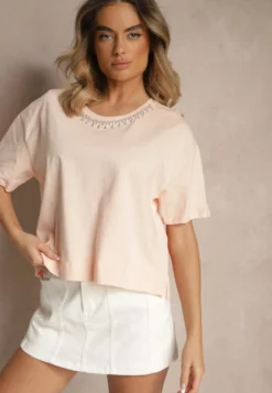 Beżowy T-shirt z Bawełny z Cyrkoniami Fadeola
