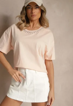 Beżowy T-shirt z Bawełny z Cyrkoniami Fadeola