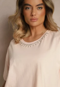 Beżowy T-shirt z Bawełny z Cyrkoniami Fadeola
