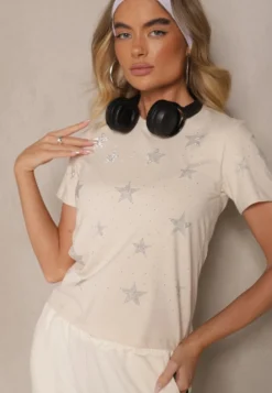 Beżowy T-shirt z Bawełny Zdobiony Gwiazdkami z Cyrkonii Tenenisa