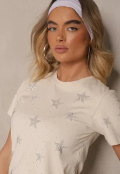 Beżowy T-shirt z Bawełny Zdobiony Gwiazdkami z Cyrkonii Tenenisa