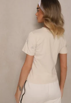 Beżowy T-shirt z Bawełny Zdobiony Gwiazdkami z Cyrkonii Tenenisa