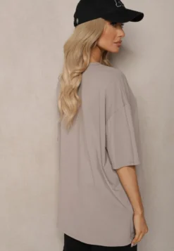Beżowy T-shirt z Krótkim Rękawem z Bawełny Bavima
