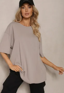 Beżowy T-shirt z Krótkim Rękawem z Bawełny Bavima