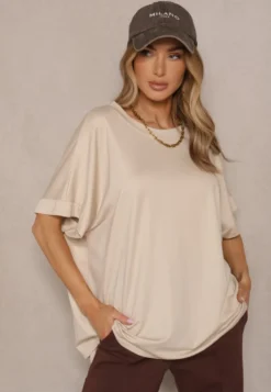 Beżowy T-shirt z Wiskozą o Fasonie Nietoperza Tanalitha