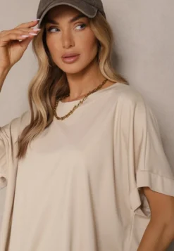 Beżowy T-shirt z Wiskozą o Fasonie Nietoperza Tanalitha
