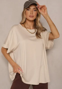 Beżowy T-shirt z Wiskozą o Fasonie Nietoperza Tanalitha