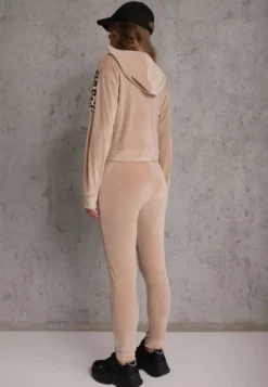 Beżowy Welurowy Komplet Dresowy 2-Częściowy z Animal Print Bluza i Spodnie Atisilva