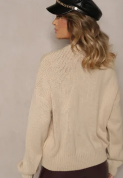 Beżowy Wiskozowy Sweter z Cekinami i Motywem Misia Nyrimi