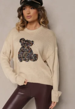 Beżowy Wiskozowy Sweter z Cekinami i Motywem Misia Nyrimi