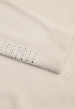 Beżowy Zimowy Sweter z Wełną Ozdobiony Cyrkoniami Tarsia