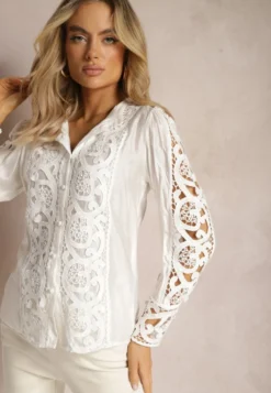 Biała Ażurowa Koszula ze Stójką w Stylu Vintage Jirdima