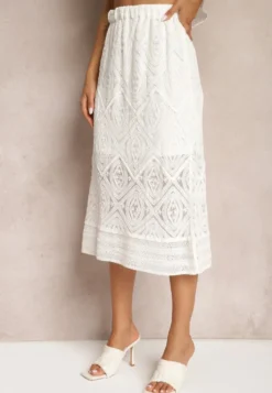 Biała Ażurowa Spódnica z Gumką w Talii o Trapezowym Kroju Tiamaz
