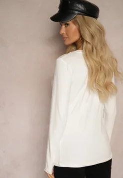 Biała Bawełniana Bluzka Longsleeve z Dekoltem w Kształcie Litery V Kairelle